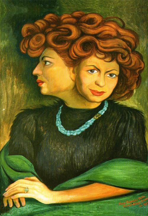 Retrato de Matilde - pintura de Diego Rivera. No lado direito,  o artista sugeriu o perfil de Neruda, formado pelos cabelos ondulados